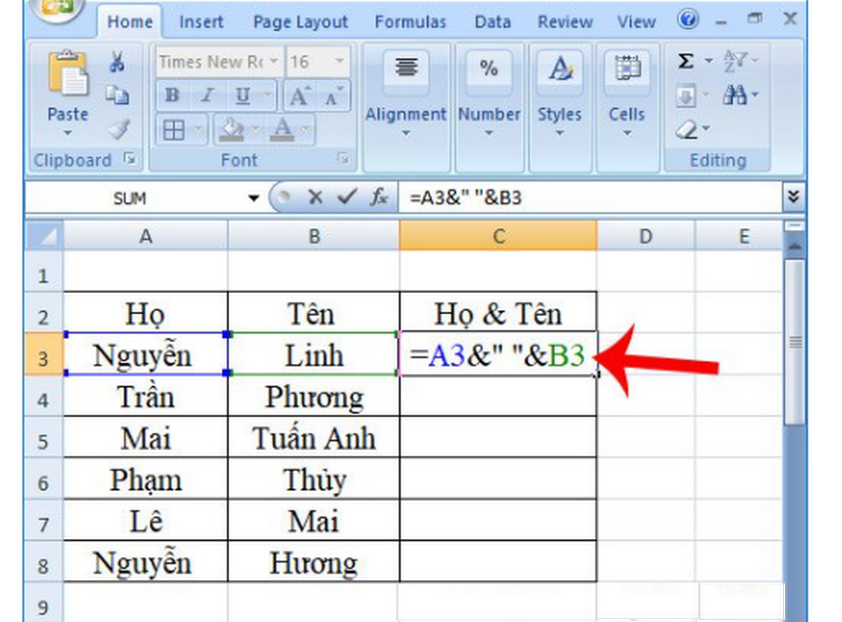 Cách gộp 2 cột Họ và Tên trong Excel không mất nội dung đơn giản nhất